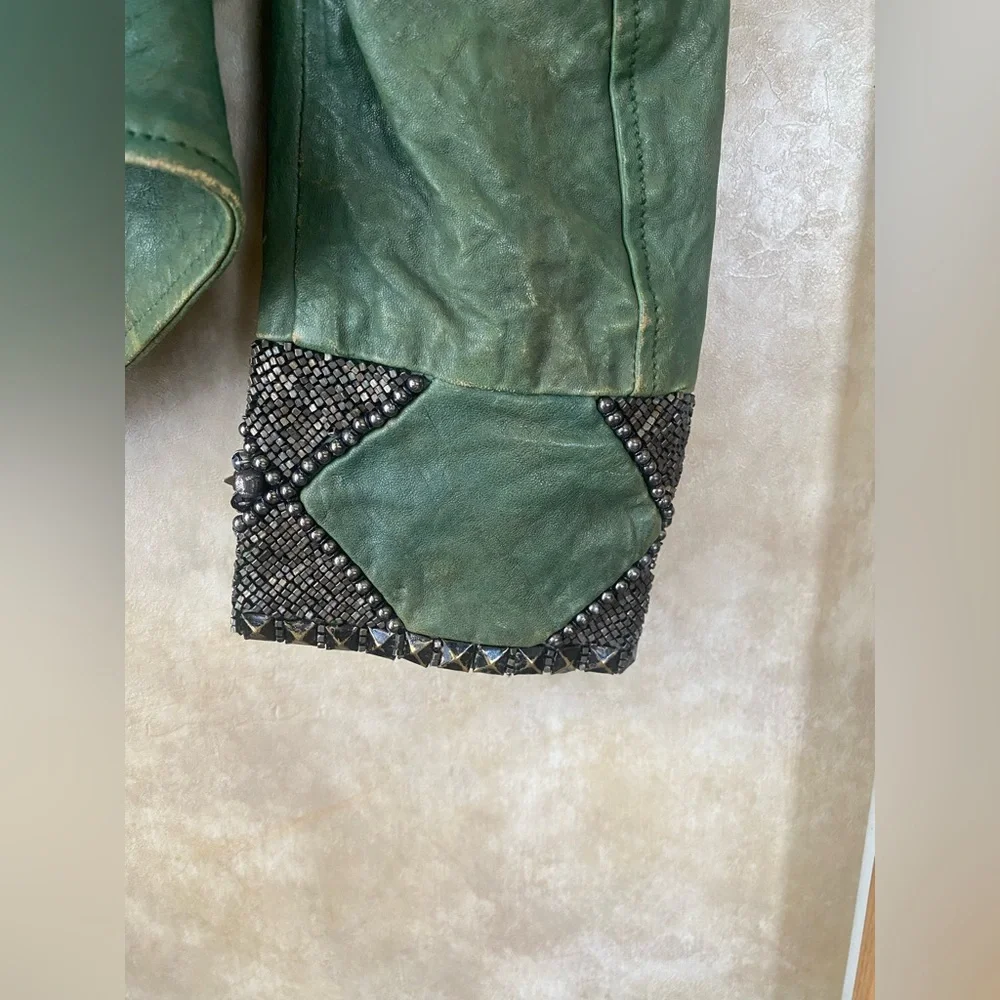 Diesel Distressed Dark Green Leather Premise Beaded Moto Jacket - Picture 9 of 14